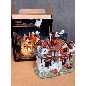 Vintage Porcelain Illuminated Haunted House Halloween Village Ghost Pumpkin Box